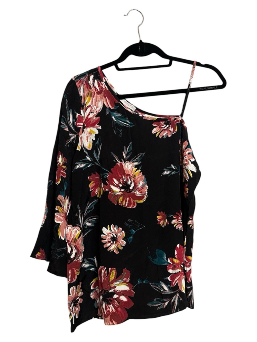 1. STATE Womens Black Floral One Shoulder Flounce Sleeve Evening Top Med